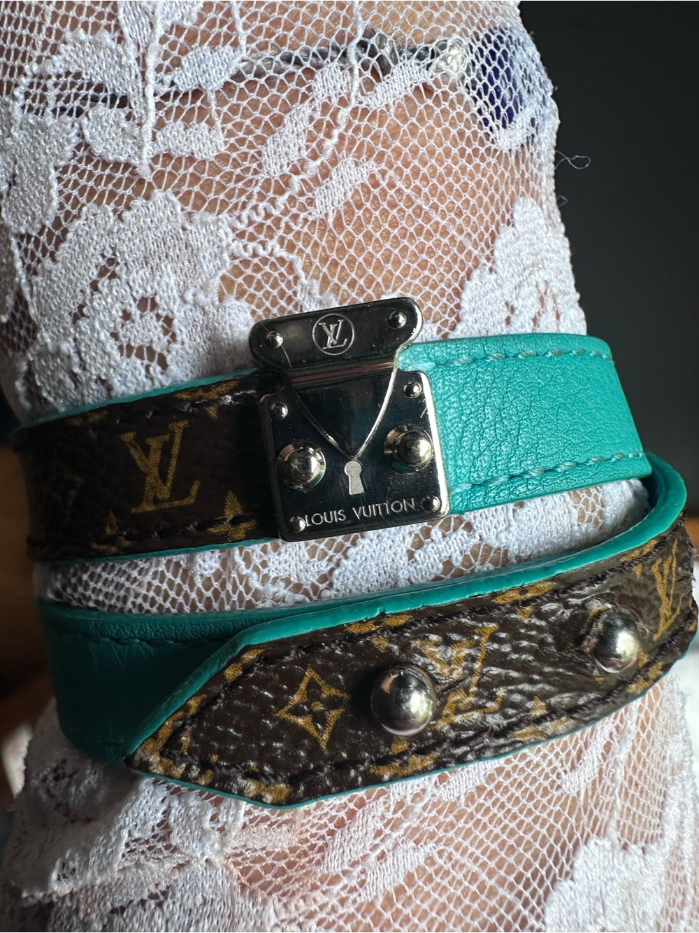 Louis Vuitton Turquoise & Monogram Leather LockIt Bracelet with Silver Hardware